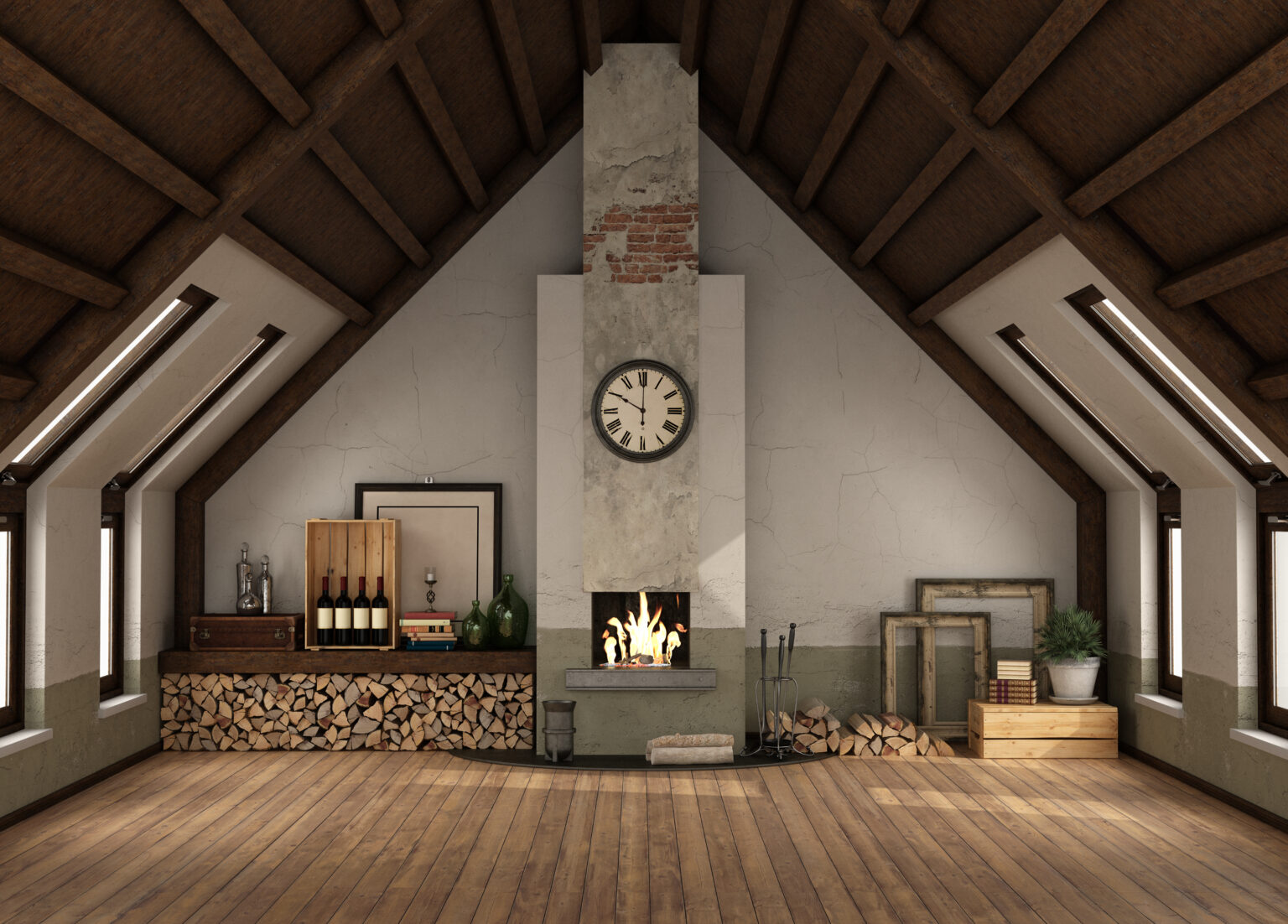 Rertro attic with fireplace without furniture with wooden ceiling - 3d rendering